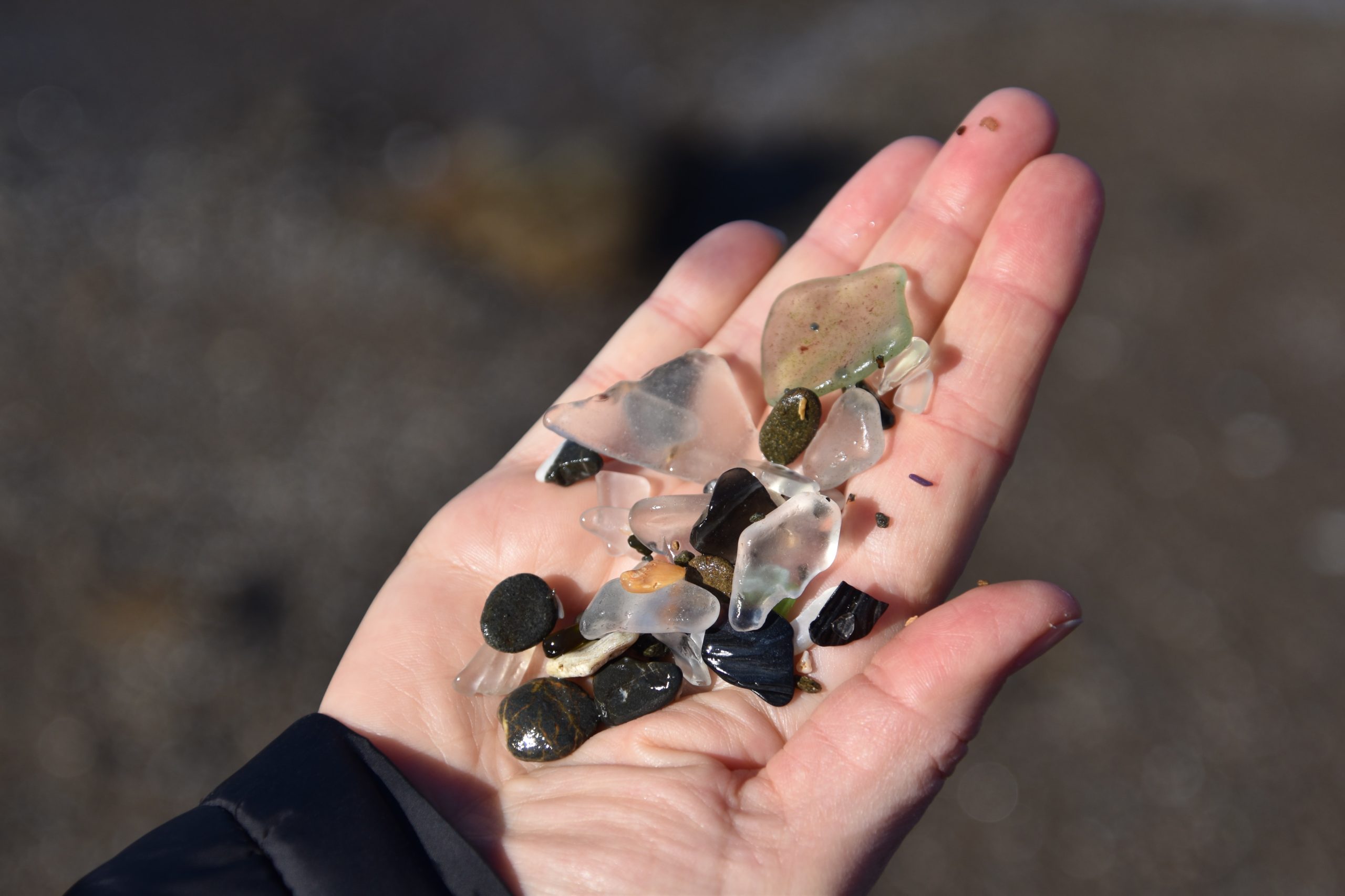 a beach glass collector holds a collection of different colored beach
